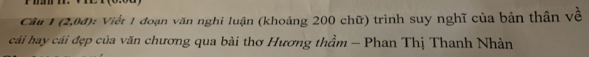 TE T (0:00) 
Câu 1 (2,04): Viết 1 đoạn văn nghi luận (khoảng 200 chữ) trình suy nghĩ của bản thân về 
cái hay cái đẹp của văn chương qua bài thơ Hương thầm - Phan Thị Thanh Nhàn