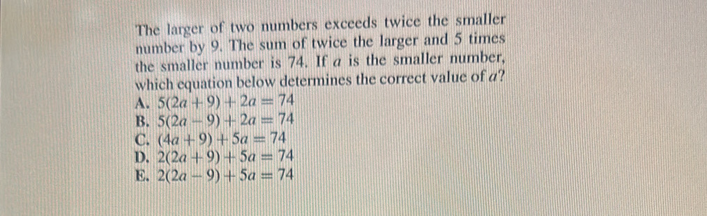 Solved: The larger of two numbers exceeds twice the smaller number by 9 ...