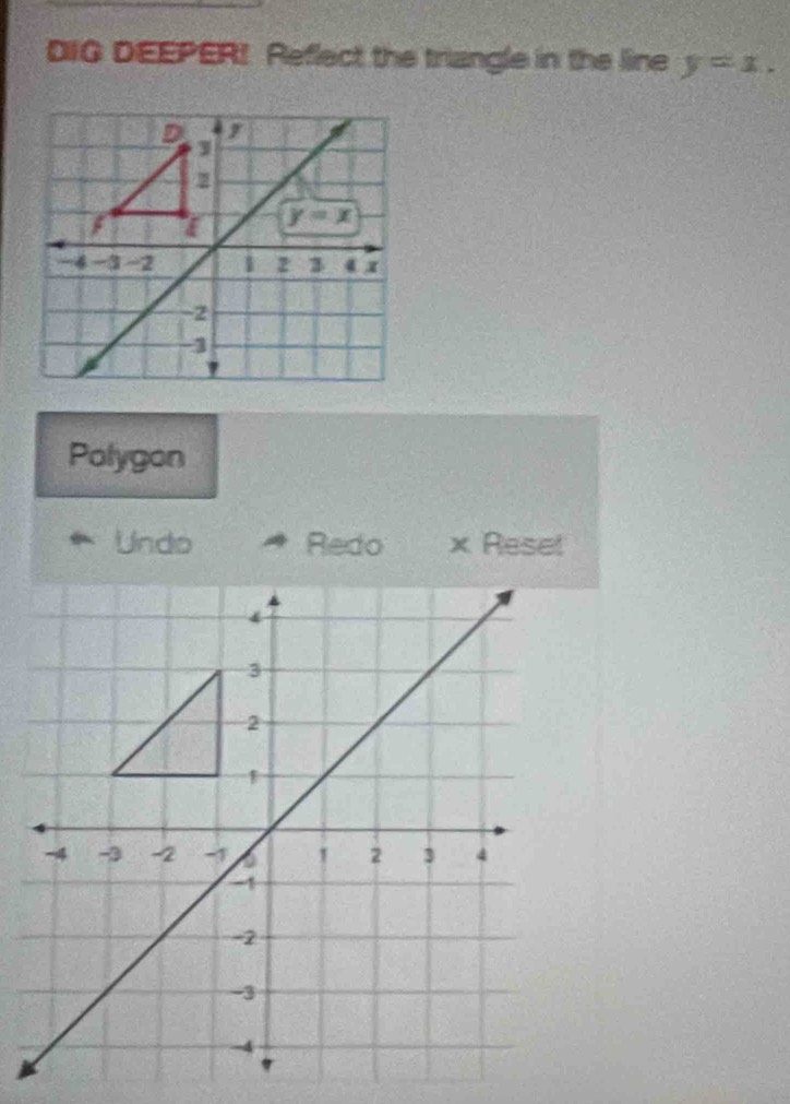 DIG DEEPER! Reflect the triangle in the line y=x.
Polygon
Undo Redo x Reset