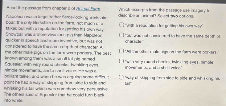 Read the passage from chapter 2 of Animal Farm. Which excerpts from the passage use imagery to
Napoleon was a large, rather fierce-looking Berkshire describe an animal? Select two options.
boar, the only Berkshire on the farm, not much of a “with a reputation for getting his own way"
talker, but with a reputation for getting his own way.
Snowball was a more vivacious pig than Napoleon, “but was not considered to have the same depth of
quicker in speech and more inventive, but was not character"
considered to have the same depth of character. All
the other male pigs on the farm were porkers. The best “All the other male pigs on the farm were porkers.”
known among them was a small fat pig named “with very round cheeks, twinkling eyes, nimble
Squealer, with very round cheeks, twinkling eyes, movements, and a shrill voice"
nimble movements, and a shrill voice. He was a
brilliant talker, and when he was arguing some difficult “way of skipping from side to side and whisking his
point he had a way of skipping from side to side and tail"
whisking his tail which was somehow very persuasive.
The others said of Squealer that he could turn black
into white.