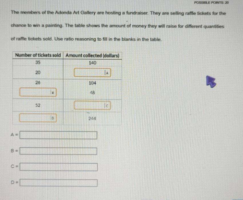 POGSIBLE POINTS: 20
The members of the Adonda Art Gallery are hosting a fundraiser. They are selling raffle tickets for the
chance to win a painting. The table shows the amount of money they will raise for different quantities
of raffle tickets sold. Use ratio reasoning to fill in the blanks in the table.
A=□
B=□
C=□
D=□