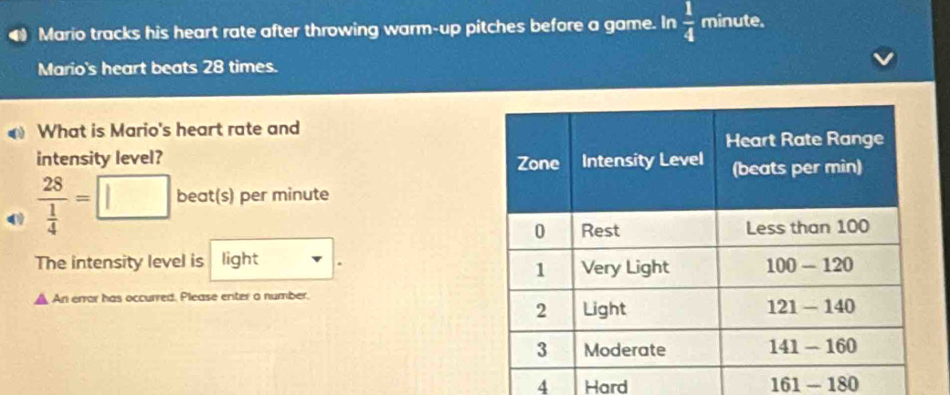 Mario tracks his heart rate after throwing warm-up pitches before a game. In  1/4  minute. 
Mario's heart beats 28 times. 
What is Mario's heart rate and 
intensity level? 
0 frac 28 1/4 =□ beat(s) per minute
The intensity level is light 
a An error has occurred. Please enter o number.
4 Hard 161 - 180