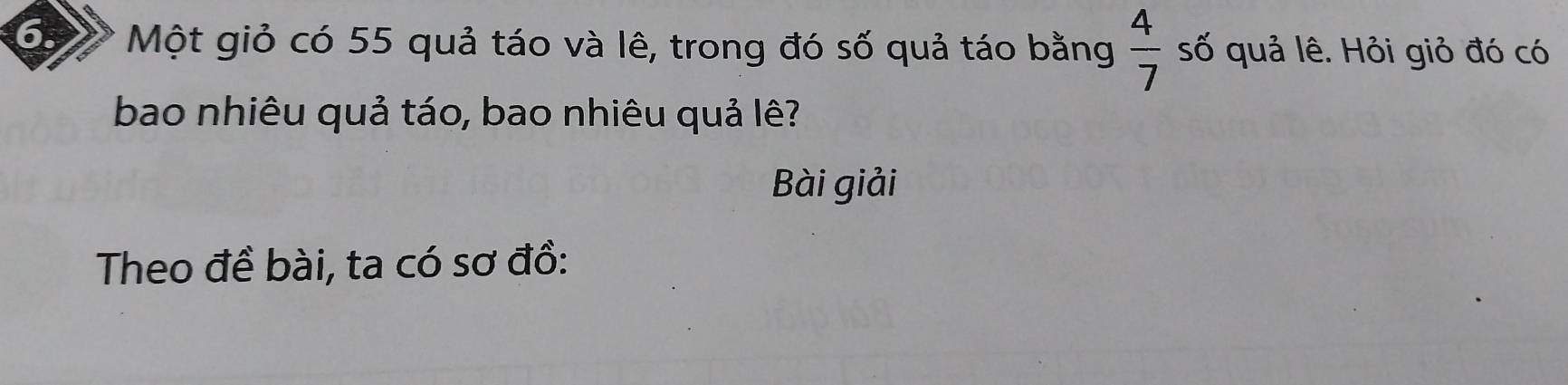 Một giỏ có 55 quả táo và lê, trong đó số quả táo bằng  4/7  số quả lê. Hỏi giỏ đó có 
bao nhiêu quả táo, bao nhiêu quả lê? 
Bài giải 
Theo đề bài, ta có sơ đồ: