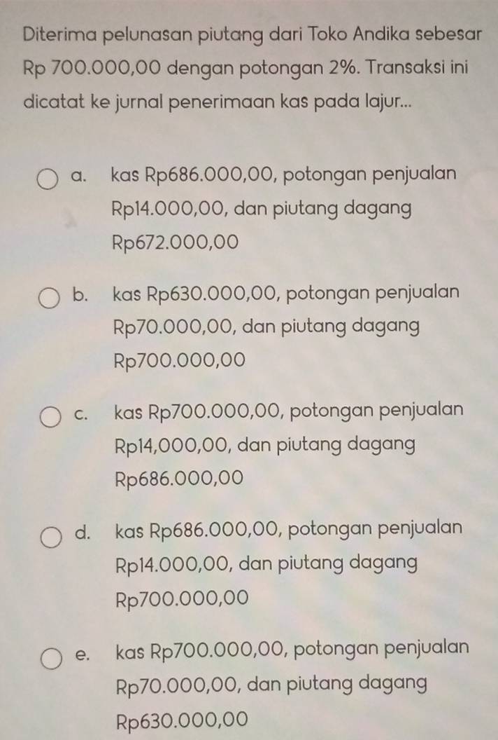 Diterima pelunasan piutang dari Toko Andika sebesar
Rp 700.000,00 dengan potongan 2%. Transaksi ini
dicatat ke jurnal penerimaan kas pada lajur...
a. kas Rp686.000,00, potongan penjualan
Rp14.000,00, dan piutang dagang
Rp672.000,00
b. kas Rp630.000,00, potongan penjualan
Rp70.000,00, dan piutang dagang
Rp700.000,00
c. kas Rp700.000,00, potongan penjualan
Rp14,000,00, dan piutang dagang
Rp686.000,00
d. kas Rp686.000,00, potongan penjualan
Rp14.000,00, dan piutang dagang
Rp700.000,00
e. kas Rp700.000,00, potongan penjualan
Rp70.000,00, dan piutang dagang
Rp630.000,00