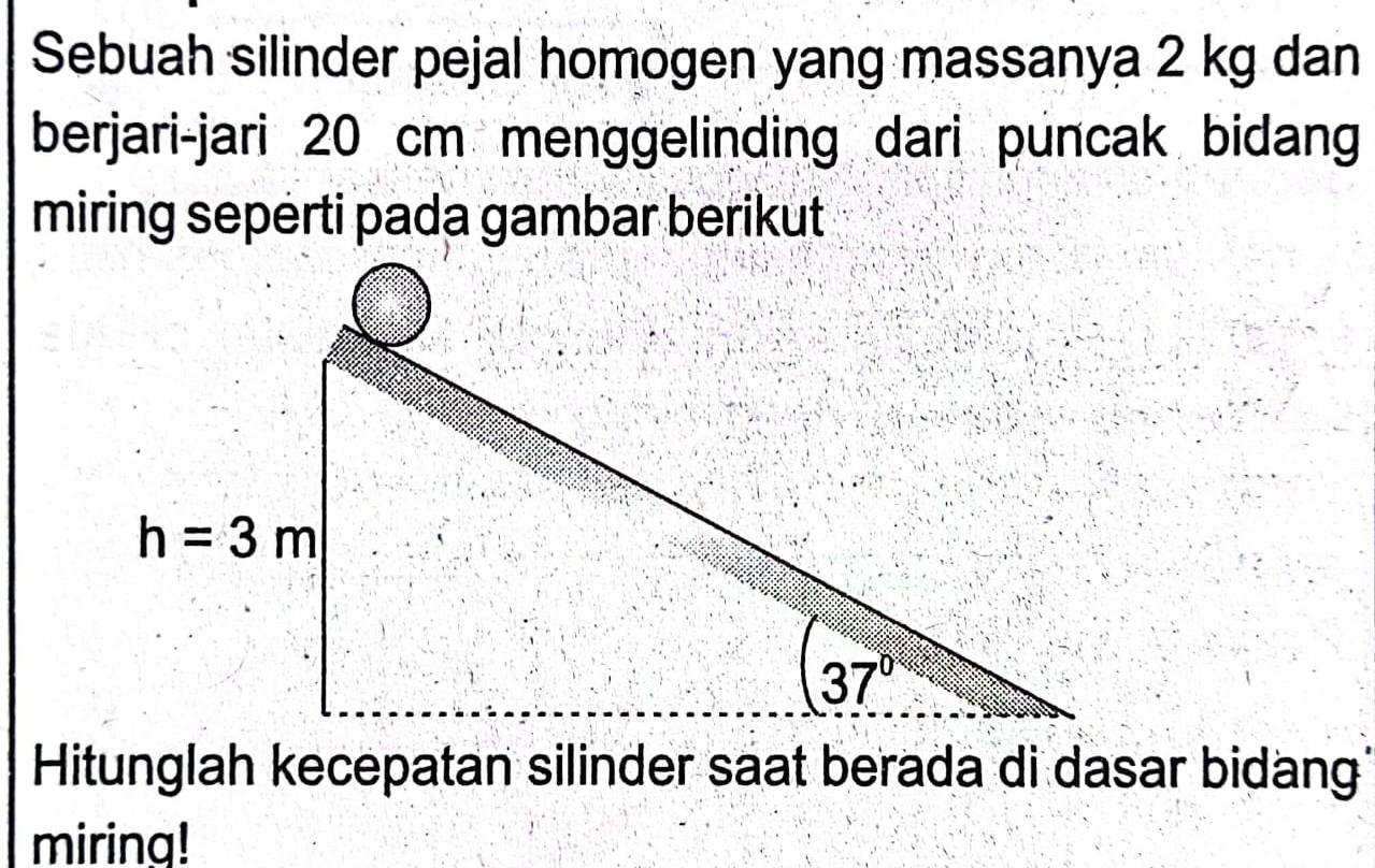 Sebuah silinder pejal homogen yang massanya 2 kg dan
berjari-jari 20 cm menggelinding dari puncak bidan
miring seperti pada gambar berikut 
Hitunglah kecepatan silinder saat berada di dasar bidang
miring!