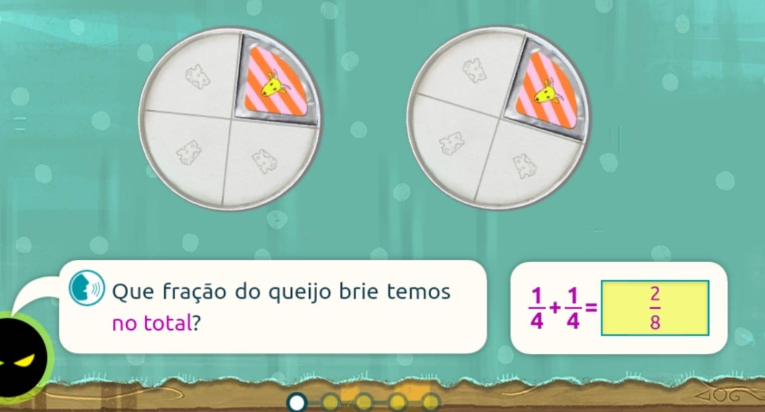 Que fração do queijo brie temos 
no total?
 1/4 + 1/4 =  2/8 