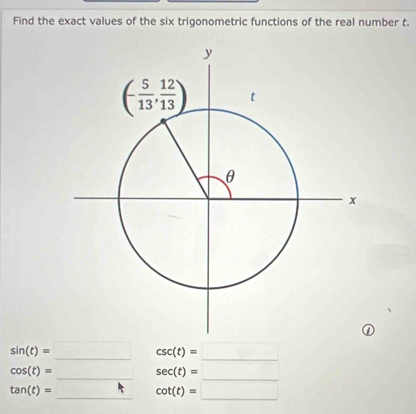 Find the exact values of the six trigonometric functions of the real number t.
①
sin (t)= _ □  □  csc (t)=_  _
cos (t)=
__ sec (t)=_ 
tan (t)=
_ cot (t)=□