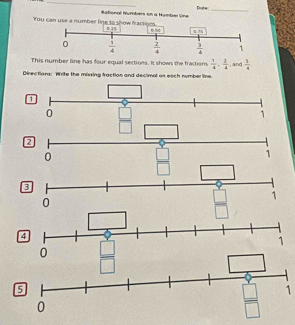 Date:_
Rational Numbers on a Number Line
You can use a number
This number line has four equal sections. It shows the fractions  1/4 , 2/4  , and  3/4 .
Directions: Write the missing fraction and decimal on each number line.
1
2
0
 □ /□  
1
B
□
1
0
4
1
5
1