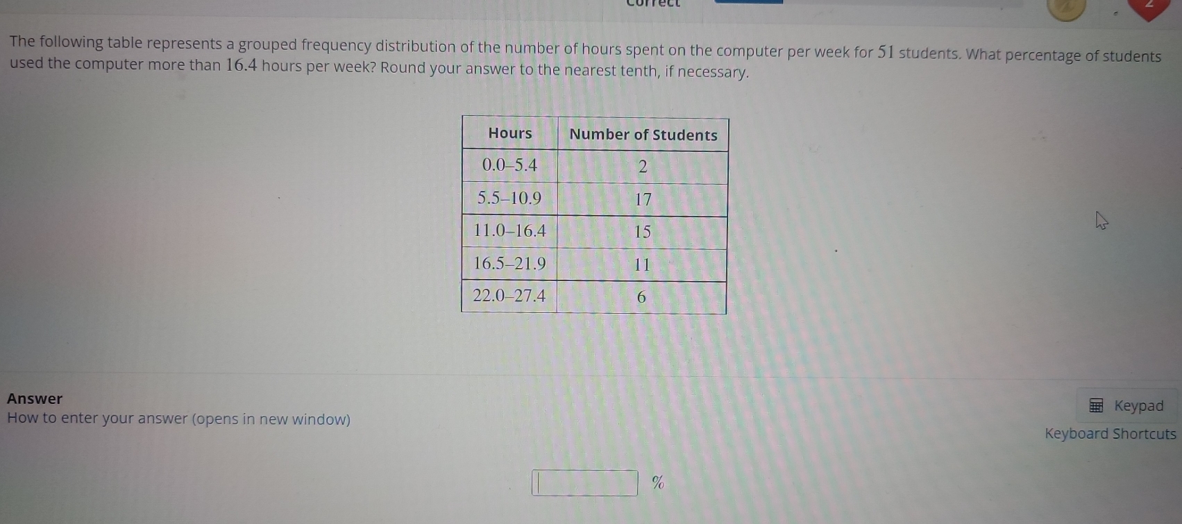 The following table represents a grouped frequency distribution of the number of hours spent on the computer per week for 51 students. What percentage of students 
used the computer more than 16.4 hours per week? Round your answer to the nearest tenth, if necessary. 
Answer 
Keypad 
How to enter your answer (opens in new window) 
Keyboard Shortcuts 
□