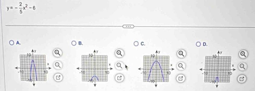 y=- 2/5 x^2-6
A. 
B. 
C. 
D.
y
10
x
-10 10
10