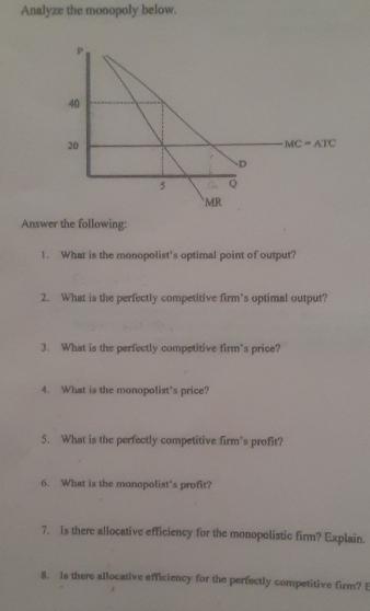 Analyze the monopoly below.
Answer the following:
1. What is the monopolist's optimal point of output?
2. What is the perfectly competitive firm’s optimal output?
3. What is the perfectly competitive firm's price?
4. What is the monopolist's price?
5. What is the perfectly competitive firm's profit?
6. What is the monopolist's profit?
7. Is there allocative efficiency for the monopolistic firm? Explain.
8. Is there allocative efficiency for the perfectly competitive firm? B