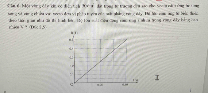 Cầâu 6. Một vòng dây kin có diện tích 50dm^2 đặt trong từ trường đều sao cho vecto cảm ứng tử song
song và cùng chiều với vecto đơn vị pháp tuyến của mặt phăng vòng dây. Độ lớn cảm ứng tử biến thiên
theo thời gian như đồ thị hình bên. Độ lớn suất điện động cảm ứng sinh ra trong vòng đây bằng bao
nhiêu V ? (ĐS: 2,5)