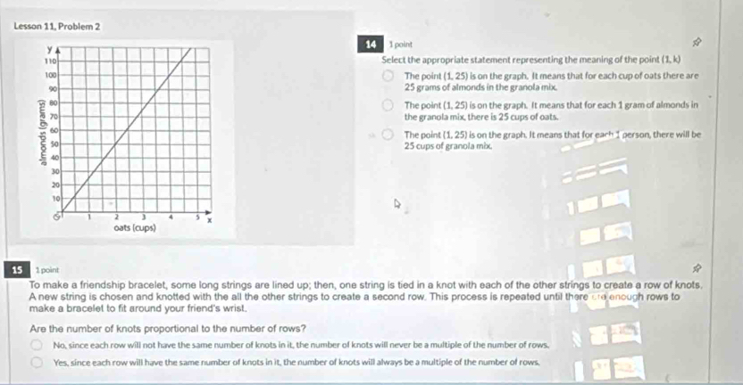 Lesson 11, Problem 2
14  l point
Select the appropriate statement representing the meaning of the point (1,k)
The point (1,25) is on the graph. It means that for each cup of oats there are
25 grams of almonds in the granola mix.
The point (1,25) is on the graph. It means that for each 1 gram of almonds in
the granola mix, there is 25 cups of oats.
The point (1,25) is on the graph. It means that for each 1 person, there will be
25 cups of granola mix.
15 1 point
To make a friendship bracelet, some long strings are lined up; then, one string is tied in a knot with each of the other strings to create a row of knots.
A new string is chosen and knotted with the all the other strings to create a second row. This process is repeated until there are enough rows to
make a bracelet to fit around your friend's wrist.
Are the number of knots proportional to the number of rows?
No, since each row will not have the same number of knots in it, the number of knots will never be a multiple of the number of rows.
Yes, since each row will have the same number of knots in it, the number of knots will always be a multiple of the number of rows.