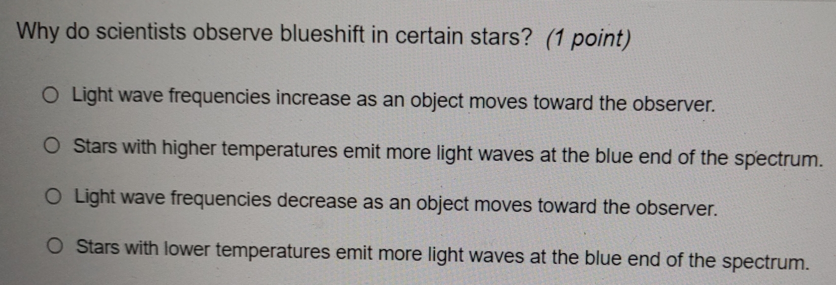 Solved: Why do scientists observe blueshift in certain stars? (1 point ...