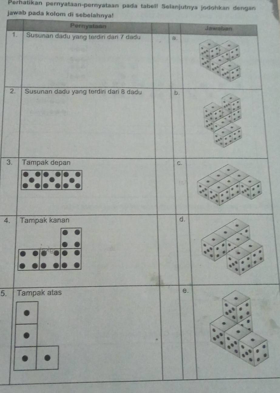 Perhatikan pernyataan-pernyataan pada tabell Selanjutnya jodohkan dengan 
jawab pada kolom di sebelahnya! 
1. 
2. 
3. 
4. 
5. T