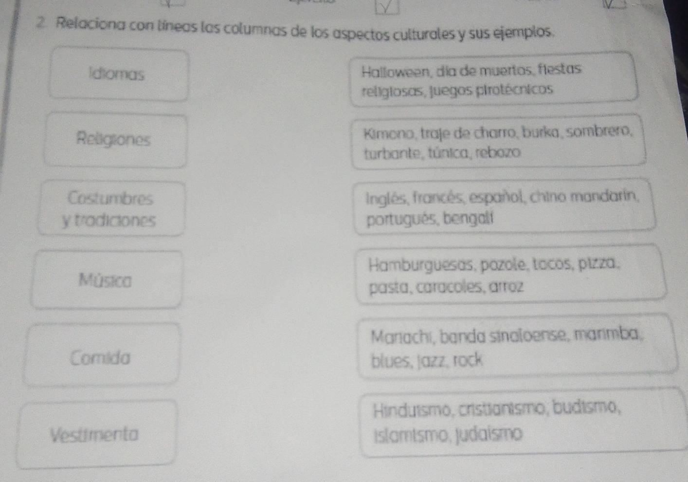 Relaciona con líneas las columnas de los aspectos culturales y sus ejemplos. 
Idiomas Halloween, día de muertos, flestas 
religiosas, Juegos pirotécnicos 
Religiones Kimono, traje de charro, burka, sombrero, 
turbante, túnica, rebozo 
Costumbres Inglés, francés, español, chino mandarin, 
y tradiciones portugués, bengali 
Hamburguesas, pozole, tocos, pizza, 
Música 
pasta, caracoles, arroz 
Mariachi, banda sinaloense, marimba, 
Comida blues, jazz, rock 
Hinduismo, cristianismo, budismo, 
Vestimenta Islamtsmo, Judaismo