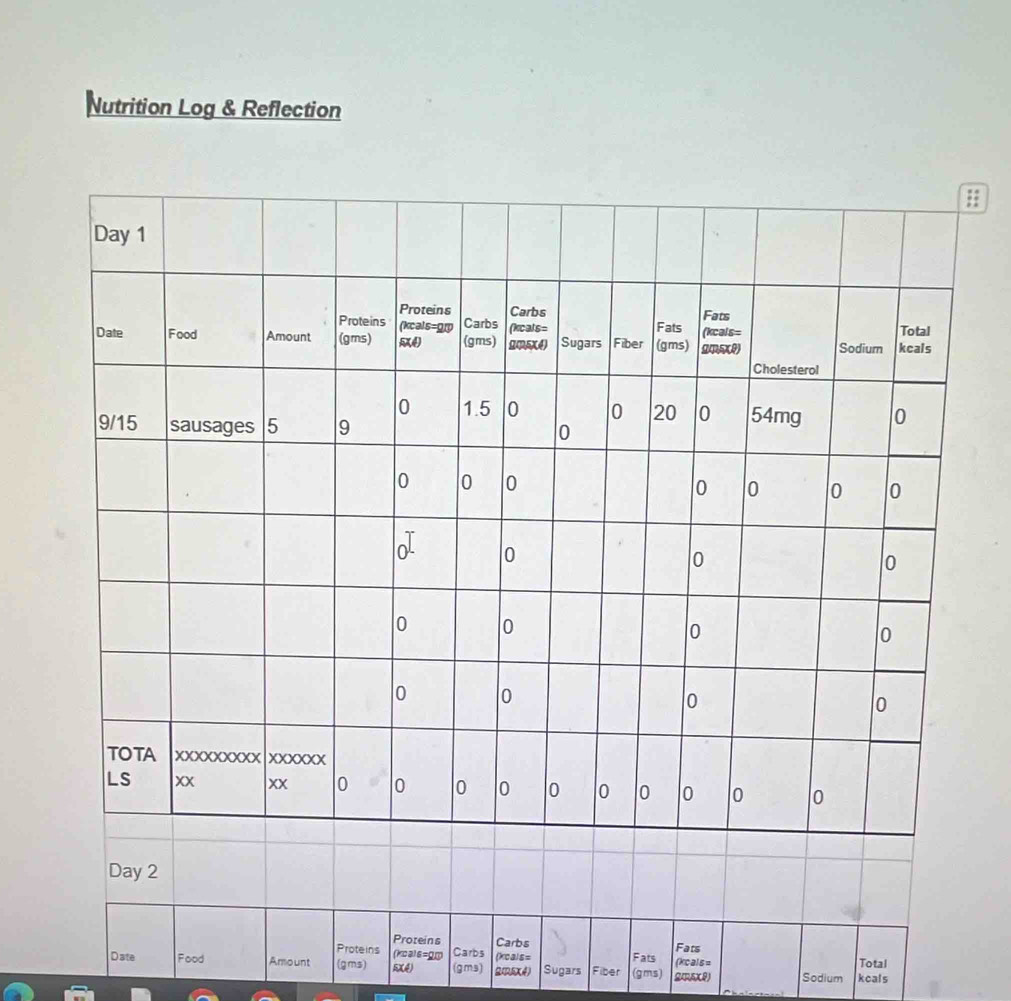 Nutrition Log & Reflection
ls=
ate Food Amount (gms) RX4) (gms) BRRK4) Sugars Fiber Fats (kicals= Sodium koals Total 
(gms)