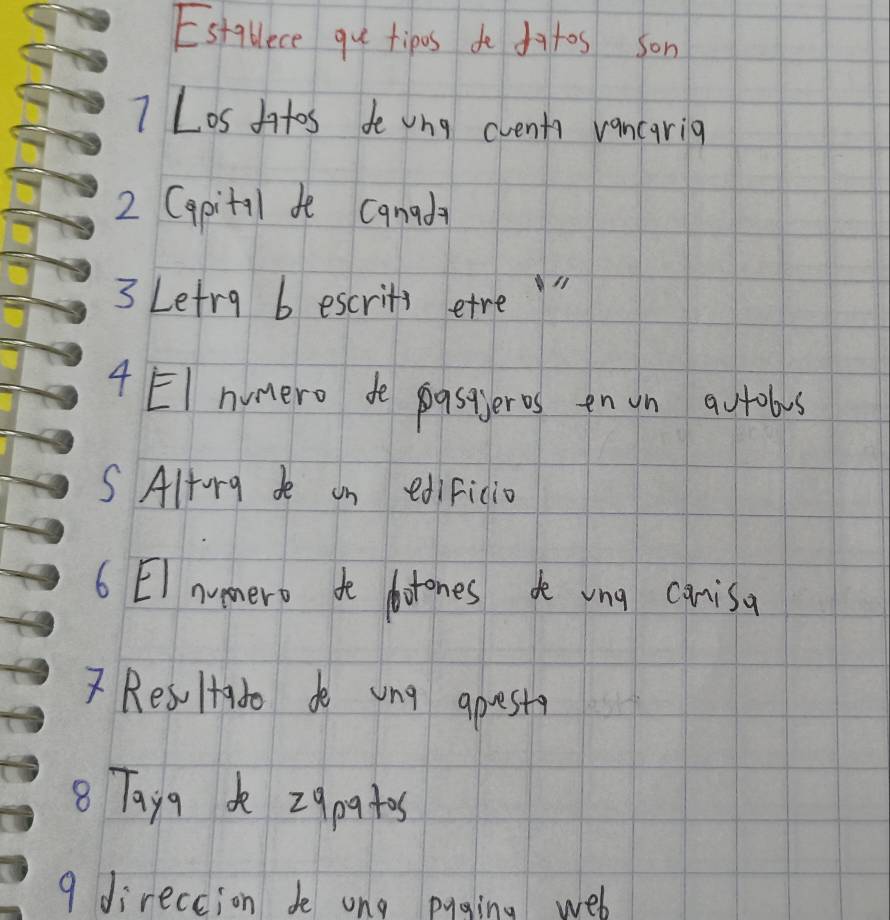 Estalece gu tipos do datos son 
7 Los fates de vng events vancarig 
2 Capitil do canada 
3 Letry b escrits etre" 
4 EI numero de paseieros on un autobus 
S Altorg de an edificio 
6 E] nunero to botones do ung canisa 
7 Resultado do ng apest? 
8Tay9 k 29p9tos 
9 direccion de ong pyging web