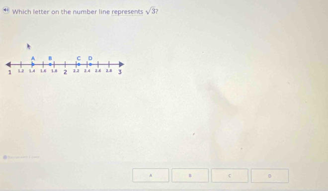 Which letter on the number line represents sqrt(3) ?
D Inlcan oae S comn
A B C D