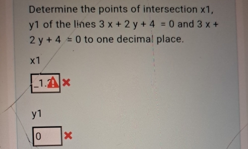 Determine the points of intersection x1,
y1 of the lines 3x+2y+4=0 and 3x+
2y+4=0 to one decimal place.
* 1
_ 1 .A 1 x
y1
0*