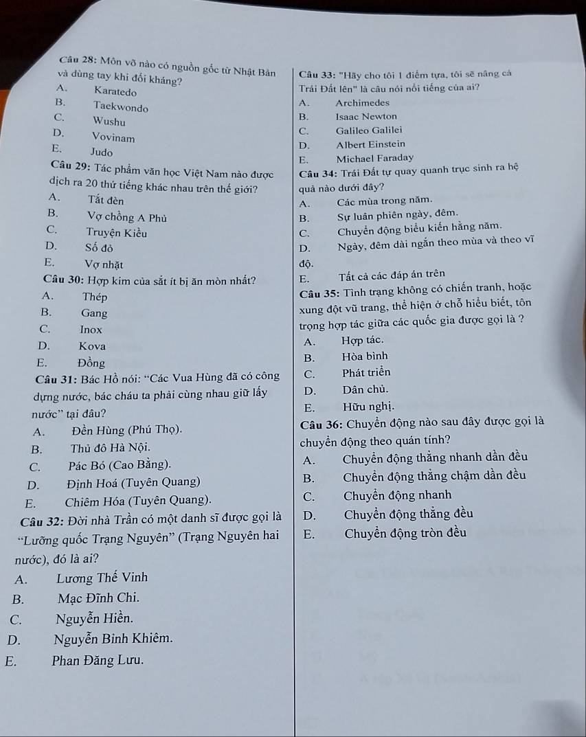 Môn võ nào có nguồn gốc từ Nhật Bản  Câu 33: "Hãy cho tôi 1 điểm tựa, tôi sẽ nâng cả
và dùng tay khi đối kháng?
Trải Đất lên" là câu nói nổi tiếng của ai?
A. Karatedo A. Archimedes
B. Taekwondo
C. Wushu
B. Isaac Newton
C. Galileo Galilei
D. Vovinam
D. Albert Einstein
E. Judo
E. Michael Faraday
Câu 29: Tác phẩm văn học Việt Nam nào được  Câu 34: Trái Đất tự quay quanh trục sinh ra hệ
dịch ra 20 thứ tiếng khác nhau trên thế giới? quả nào dưới đây?
A. Tắt đèn
A. 、 Các mùa trong năm.
B. Vợ chồng A Phủ B. Sự luân phiên ngày, đêm.
C. Truyện Kiều
C. Chuyển động biểu kiến hằng năm.
D. Số đỏ
D. Ngày, đêm dài ngắn theo mùa và theo vĩ
E. Vợ nhật độ.
Câu 30: Hợp kim của sắt ít bị ăn mòn nhất? E. Tất cả các đáp án trên
A. Thép
Câu 35: Tình trạng không có chiến tranh, hoặc
B. Gang
xung đột vũ trang, thể hiện ở chỗ hiểu biết, tôn
C.  Inox trọng hợp tác giữa các quốc gia được gọi là ?
A.
D. Kova Hợp tác.
B.
E. Đồng Hòa bình
Câu 31: Bác Hồ nói: “Các Vua Hùng đã có công C. Phát triển
dựng nước, bác cháu ta phải cùng nhau giữ lấy D. Dân chủ.
nước'' tại đâu? E. Hữu nghị.
A. Đền Hùng (Phú Thọ).  Câu 36: Chuyền động nào sau đây được gọi là
B. Thủ đô Hà Nội. chuyền động theo quán tính?
C. Pác Bó (Cao Bằng). A. Chuyển động thẳng nhanh dần đều
D. Định Hoá (Tuyên Quang) B. Chuyền động thẳng chậm dần đều
E. Chiêm Hóa (Tuyên Quang). C. Chuyền động nhanh
Câu 32: Đời nhà Trần có một danh sĩ được gọi là D. Chuyển động thẳng đều
“Lưỡng quốc Trạng Nguyên” (Trạng Nguyên hai E. Chuyển động tròn đều
nước), đó là ai?
A. Lương Thế Vinh
B. Mạc Đĩnh Chi.
C. Nguyễn Hiền.
D. Nguyễn Binh Khiêm.
E. Phan Đăng Lưu.