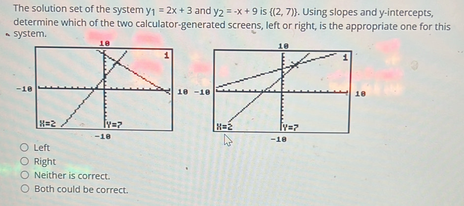 The solution set of the system y_1=2x+3 and y_2=-x+9 is  (2,7). Using slopes and y-intercepts,
determine which of the two calculator-generated screens, left or right, is the appropriate one for this
system.
18-18
Left
Right
Neither is correct.
Both could be correct.