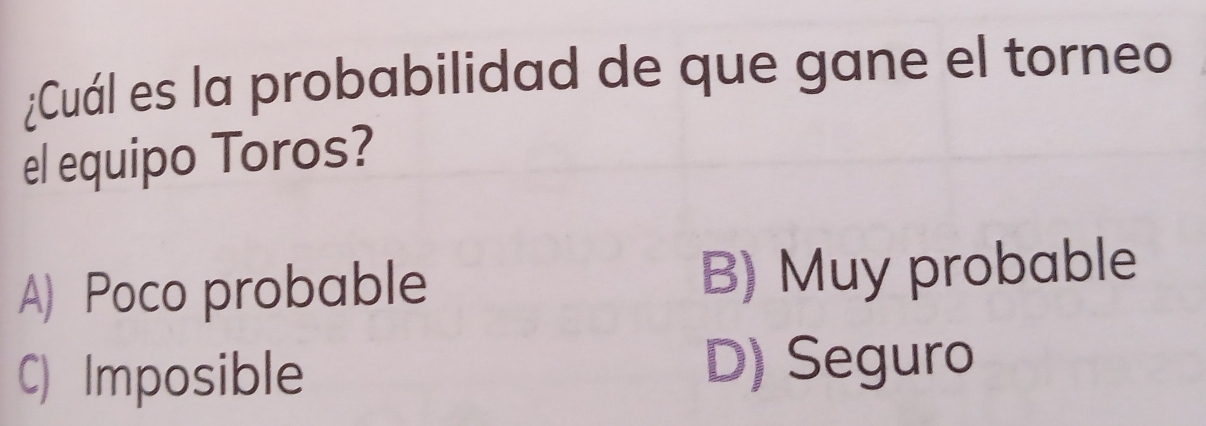 ¿Cuál es la probabilidad de que gane el torneo
el equipo Toros?
A) Poco probable B) Muy probable
C) Imposible D) Seguro