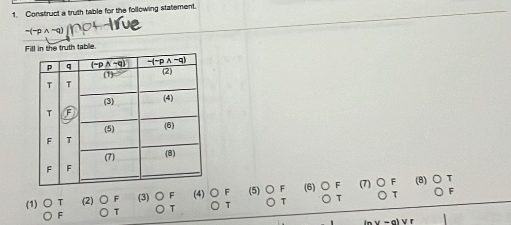 Construct a truth table for the following statement.
Ftruth table.
a
F
(1) T (2) F (3) ○ F (4) ○ F (5) ○ F (6)○ F (7) F (8)
T
F T T T 。 T T 。 T
~ a