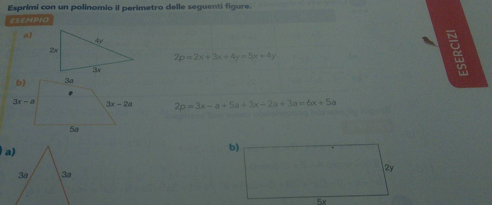 Esprimi con un polinomio il perimetro delle seguenti figure.
ESEMPIO
a)
2p=2x+3x+4y=5x+4y
2p=3x-a+5a+3x-2a+3a=6x+5a