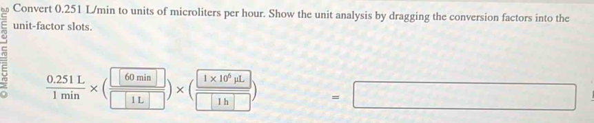 Solved: Convert 0.251 L/min to units of microliters per hour. Show the ...