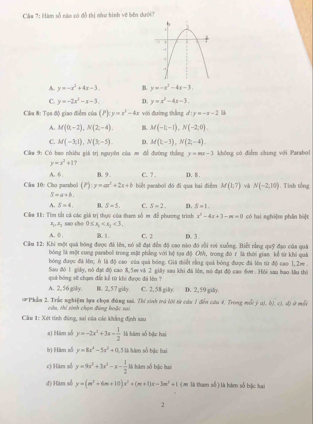 Hàm số nào có đồ thị như hình vẽ bên dưới?
A. y=-x^2+4x-3. B. y=-x^2-4x-3.
C. y=-2x^2-x-3. D. y=x^2-4x-3.
Câu 8: Tọa độ giao điểm của (P):y=x^2-4x với đường thẳng d:y=-x-2 là
A. M(0;-2),N(2;-4). B. M(-1;-1),N(-2;0).
C. M(-3;1),N(3;-5). D. M(1;-3),N(2;-4).
Câu 9: Có bao nhiêu giá trị nguyên của m đề đường thắng y=mx-3 không có điểm chung với Parabol
y=x^2+1 ?
A. 6 . B. 9 . C. 7 . D. 8 .
Câu 10: Cho parabol (P):y=ax^2+2x+b biết parabol đó đi qua hai điểm M(1;7) và N(-2;10). Tính tổng
S=a+b.
A. S=4. B. S=5. C. S=2. D. S=1.
Câu 11: Tìm tất cả các giá trị thực của tham số m để phương trình x^2-4x+3-m=0 có hai nghiệm phân biệt
x_1,x_2 sao cho 0≤ x_1 <3.
A. 0 . B. 1 . C. 2 D. 3 .
Câu 12: Khi một quả bóng được đá lên, nó sẽ đạt đến độ cao nào đó rồi rơi xuống. Biết rằng quỹ đạo của quả
bóng là một cung parabol trong mặt phẳng với hệ tọa độ Oth, trong đó t là thời gian kể từ khi quả
bóng được đá lên; h là độ cao của quả bóng. Giả thiết rằng quả bóng được đá lên từ độ cao 1,2m .
Sau đó 1 giây, nó đạt độ cao 8,5m và 2 giây sau khi đá lên, nó đạt độ cao 6m . Hỏi sau bao lâu thì
quả bóng sẽ chạm đất kể từ khi được đá lên ?
A. 2,56 giây. B. 2,57 giây. C. 2,58 giây. D. 2, 59 giây.
a Phần 2. Trắc nghiệm lựa chọn đúng sai. Thí sinh trả lời từ câu 1 đến câu 4. Trong mỗi ý a), b), c), d) ở mỗi
câu, thí sinh chọn đúng hoặc sai.
Câu 1: Xét tính đúng, sai của các khẳng định sau
a) Hàm số y=-2x^2+3x- 1/2  là hàm số bậc hai
b) Hàm số y=8x^4-5x^2+0 , 5 là hàm số bậc hai
c) Hàm số y=9x^3+3x^2-x- 1/2  là hàm số bậc hai
d) Hàm số y=(m^2+6m+10)x^2+(m+1)x-3m^2+1 (m là tham số) là hàm số bậc hai
2