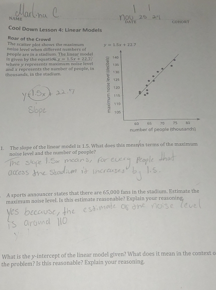 NAME
DATE COHORT
Cool Down Lesson 4: Linear Models
Roar of the Crowd
The scatter plot shows the maximum y=1.5x+22.7
noise level when different numbers of
is given by the equation . people are in a stadium. The linear model
y=1.5x+22.7
where y represents maximum noise level 
and x represents the number of people, in
thousands, in the stadium. 
1. The slope of the linear model is 1.5. What does this mean in terms of the maximum
noise level and the number of people?
A sports announcer states that there are 65,000 fans in the stadium. Estimate the
maximum noise level. Is this estimate reasonable? Explain your reasoning.
What is the y-intercept of the linear model given? What does it mean in the context o
the problem? Is this reasonable? Explain your reasoning.