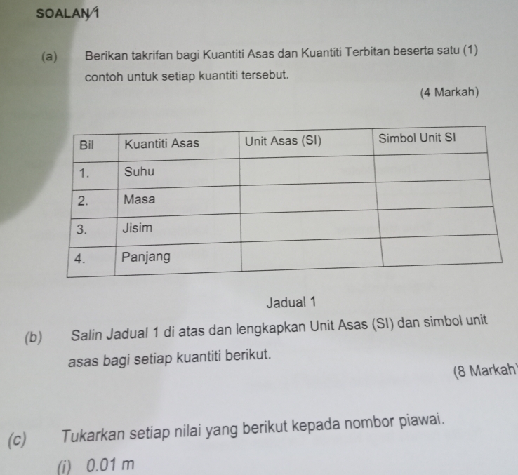 SOALAN1 
(a) Berikan takrifan bagi Kuantiti Asas dan Kuantiti Terbitan beserta satu (1) 
contoh untuk setiap kuantiti tersebut. 
(4 Markah) 
Jadual 1 
(b) Salin Jadual 1 di atas dan lengkapkan Unit Asas (SI) dan simbol unit 
asas bagi setiap kuantiti berikut. 
(8 Markah) 
(c) Tukarkan setiap nilai yang berikut kepada nombor piawai. 
(i) 0.01 m