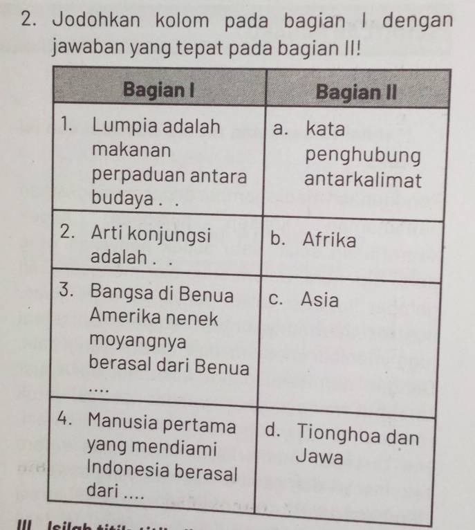 Jodohkan kolom pada bagian I dengan 
jawaban yang tepat p II!