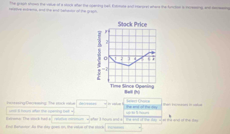 The graph shows the value of a stock after the opening bell. Estimate and interpret where the function is increasing, and decreesing
relative extrema, and the end behavior of the graph.
Select Choice
Increasing/Decreasing: The stock value decreases in value f the end of the day then increases in value
until 6 hours after the opening bell up to 5 hours
Extrema: The stock had a relative minimum after 3 hours and a the end of the day √at the end of the day.
End Behavior: As the day goes on, the value of the stock increases