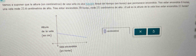 Varos a suponer que la altura (en centimetros) de una vela es una lunción lineal del tiempo (en horas) que permanece encendida. Tras estar encendida 6 horas, 
una vela mide 22.4 centímetros de alto. Tras estar encendida 20 horas, mide 21 centímetros de alto. ¿Cuál es la altura de la vela tras estar encendida II horas?
centimetros × 。