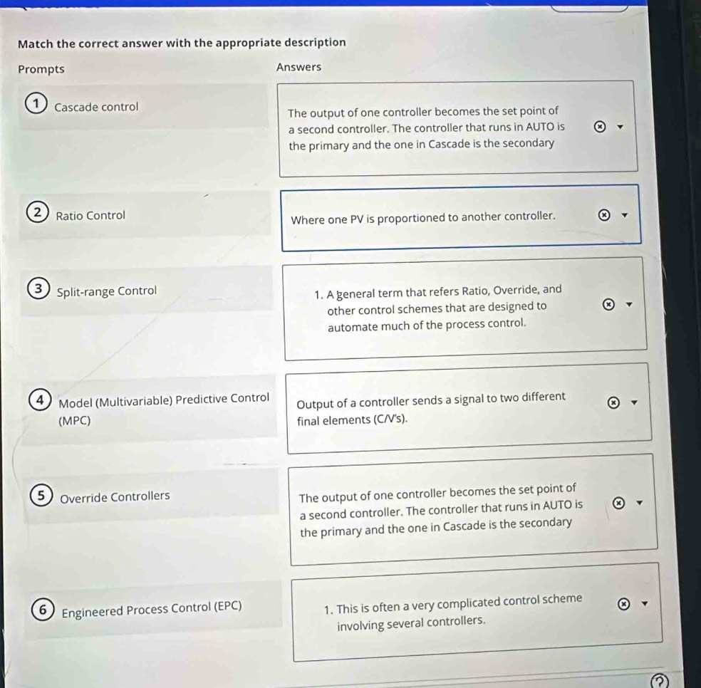 Match the correct answer with the appropriate description
Prompts Answers
1) Cascade control
The output of one controller becomes the set point of
a second controller. The controller that runs in AUTO is
the primary and the one in Cascade is the secondary
2Ratio Control
Where one PV is proportioned to another controller.
3 Split-range Control
1. A general term that refers Ratio, Override, and
other control schemes that are designed to
automate much of the process control.
4 Model (Multivariable) Predictive Control Output of a controller sends a signal to two different
(MPC) final elements (C/V's).
5 Override Controllers
The output of one controller becomes the set point of
a second controller. The controller that runs in AUTO is
the primary and the one in Cascade is the secondary
6 Engineered Process Control (EPC)
1. This is often a very complicated control scheme
involving several controllers.