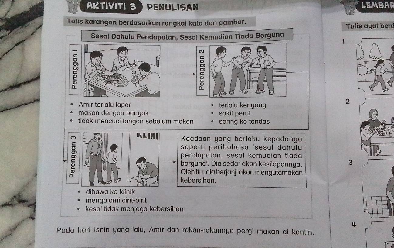 AKTIVITI 3 PENULISAN LEMBAR
Tulis karangan berdasarkan rangkai kata dan gambar.
Tulis ayat berd
Sesal Dahulu Pendapatan, Sesal Kemudian Tiada Berguna
Amir terlalu lapar terlalu kenyang
2
makan dengan banyak sakit perut 
tidak mencuci tangan sebelum makan sering ke tandas
5
KLINI Keadaan yang berlaku kepadanya
seperti peribahasa ‘sesal dahulu
pendapatan, sesal kemudian tiada
berguna'. Dia sedar akan kesilapannya.
3
Oleh itu, dia berjanji akan mengutamakan
kebersihan.
dibawa ke klinik
mengalami cirit-birit
kesal tidak menjaga kebersihan
4
Pada hari Isnin yang lalu, Amir dan rakan-rakannya pergi makan di kantin.