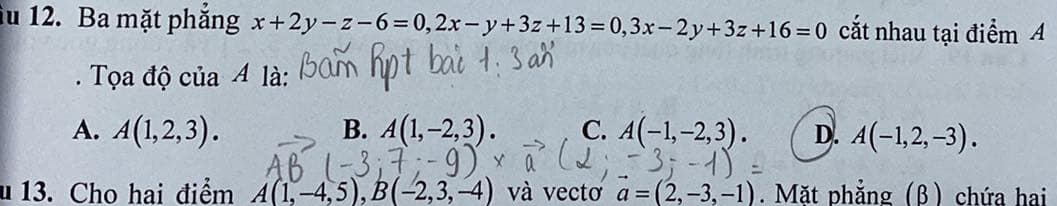 ău 12. Ba mặt phăng x+2y-z-6=0, 2x-y+3z+13=0,3x-2y+3z+16=0 cắt nhau tại điểm A
. Tọa độ của A là:
A. A(1,2,3). B. A(1,-2,3). C. A(-1,-2,3). D. A(-1,2,-3). 
u 13. Cho hai điểm A(1,-4,5), B(-2,3,-4) và vectơ a=(2,-3,-1). Mặt phẳng (β) chứa hai