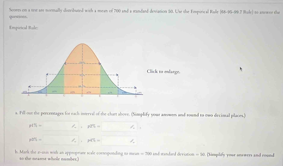 Scores on a test are normally distributed with a mean of 700 and a standard deviation 50. Use the Empirical Rule (68-95-99.7Rule) ) to answer the 
questions. 
Empirical Rule: 
a. Fill out the percentages for each interval of the chart above. (Simplify your answers and round to two decimal places.)
p1% =. p2% =
,
p3% = p4% =
b. Mark the z -axis with an appropriate scale corresponding to mean =700 and standard deviation =50. (Simplify your answers and round 
to the nearest whole number.)