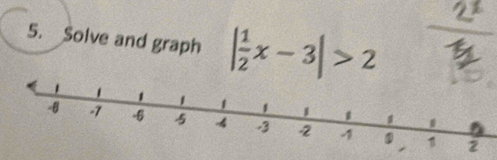 Solve and graph | 1/2 x-3|>2