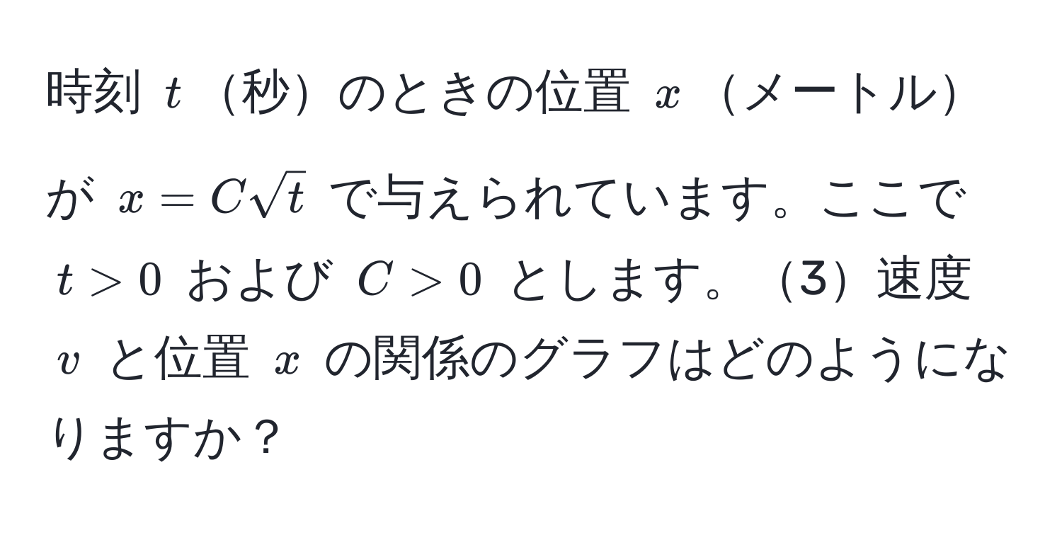 時刻 $t$秒のときの位置 $x$メートルが $x = Csqrt(t)$ で与えられています。ここで $t > 0$ および $C > 0$ とします。3速度 $v$ と位置 $x$ の関係のグラフはどのようになりますか？