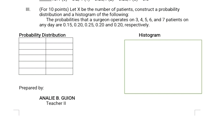 III.₹ (For 10 points) Let X be the number of patients, construct a probability 
distribution and a histogram of the following: 
The probabilities that a surgeon operates on 3, 4, 5, 6, and 7 patients on 
any day are 0.15, 0.20, 0.25, 0.20 and 0.20, respectively. 
Histogram 
Prepared by: 
ANALIE B. GUION 
Teacher II