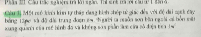 Phân III. Câu trấc nghiệm trả lời ngăn. Thi sinh trả lời câu từ 1 đến 6. 
Câu 1 Một mô hình kim tự tháp dạng hình chóp tứ giác đều với độ dài cạnh đây 
băng 12 m và độ đài trung đoạn 8m. Người ta muốn sơn bên ngoài cá bốn mặt 
xung quanh của mô hình đó và không sơn phần làm cứa có diện tích 5m^2