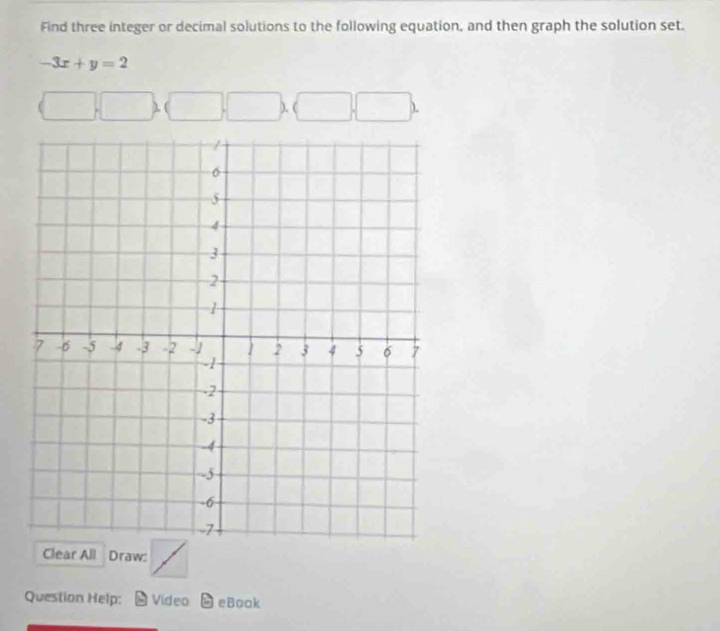 Find three integer or decimal solutions to the following equation, and then graph the solution set.
-3x+y=2
□ ,□ ,□ ,□ ,□ ,□ , 
Clear All Draw: / 
Question Help: Video eBook