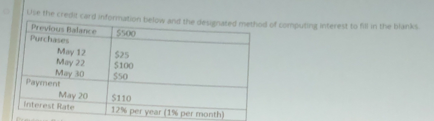 Use the credit card iof computing interest to fill in the blanks