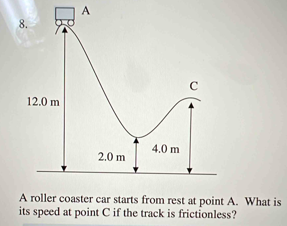 A 
A roller coaster car starts from rest at point A. What is 
its speed at point C if the track is frictionless?