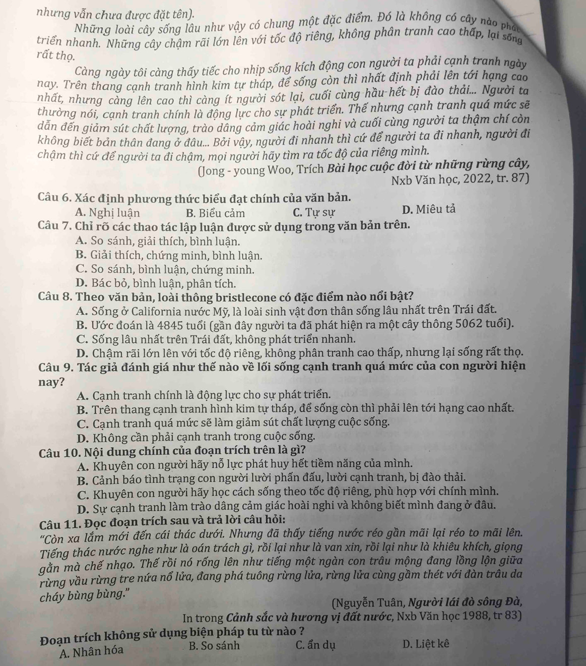 nhưng vẫn chưa được đặt tên).
Những loài cây sống lâu như vậy có chung một đặc điểm. Đó là không có cây nào pháo
triển nhanh. Những cây chậm rãi lớn lên với tốc độ riêng, không phân tranh cao thấp, lại sống
rất thọ.
Càng ngày tôi càng thấy tiếc cho nhịp sống kích động con người ta phải cạnh tranh ngày
nay. Trên thang cạnh tranh hình kim tự tháp, để sống còn thì nhất định phải lên tới hạng cao
nhất, nhưng càng lên cao thì càng ít người sót lại, cuối cùng hầu hết bị đào thải... Người ta
thường nói, cạnh tranh chính là động lực cho sự phát triển. Thế nhưng cạnh tranh quá mức sẽ
dẫn đến giảm sút chất lượng, trào dâng cảm giác hoài nghi và cuối cùng người ta thậm chí còn
không biết bản thân đang ở đâu... Bởi vậy, người đi nhanh thì cứ để người ta đi nhanh, người đi
chậm thì cứ để người ta đi chậm, mọi người hãy tìm ra tốc độ của riêng mình.
(Jong - young Woo, Trích Bài học cuộc đời từ những rừng cây,
Nxb Văn học, 2022, tr. 87)
Câu 6. Xác định phương thức biểu đạt chính của văn bản.
A. Nghị luận B. Biểu cảm C. Tự sự D. Miêu tả
Câu 7. Chỉ rõ các thao tác lập luận được sử dụng trong văn bản trên.
A. So sánh, giải thích, bình luận.
B. Giải thích, chứng minh, bình luận.
C. So sánh, bình luận, chứng minh.
D. Bác bỏ, bình luận, phân tích.
Câu 8. Theo văn bản, loài thông bristlecone có đặc điểm nào nổi bật?
A. Sống ở California nước Mỹ, là loài sinh vật đơn thân sống lâu nhất trên Trái đất.
B. Ước đoán là 4845 tuổi (gần đây người ta đã phát hiện ra một cây thông 5062 tuổi).
C. Sống lâu nhất trên Trái đất, không phát triển nhanh.
D. Chậm rãi lớn lên với tốc độ riêng, không phân tranh cao thấp, nhưng lại sống rất thọ.
Câu 9. Tác giả đánh giá như thế nào về lối sống cạnh tranh quá mức của con người hiện
nay?
A. Cạnh tranh chính là động lực cho sự phát triển.
B. Trên thang cạnh tranh hình kim tự tháp, để sống còn thì phải lên tới hạng cao nhất.
C. Cạnh tranh quá mức sẽ làm giảm sút chất lượng cuộc sống.
D. Không cần phải cạnh tranh trong cuộc sống.
Câu 10. Nội dung chính của đoạn trích trên là gì?
A. Khuyên con người hãy nỗ lực phát huy hết tiềm năng của mình.
B. Cảnh báo tình trạng con người lười phấn đấu, lười cạnh tranh, bị đào thải.
C. Khuyên con người hãy học cách sống theo tốc độ riêng, phù hợp với chính mình.
D. Sự cạnh tranh làm trào dâng cảm giác hoài nghi và không biết mình đang ở đâu.
Câu 11. Đọc đoạn trích sau và trả lời câu hỏi:
"Còn xa lắm mới đến cái thác dưới. Nhưng đã thấy tiếng nước réo gần mãi lại réo to mãi lên.
Tiếng thác nước nghe như là oán trách gì, rồi lại như là van xin, rồi lại như là khiêu khích, giọng
gằn mà chế nhạo. Thế rồi nó rống lên như tiếng một ngàn con trâu mộng đang lồng lộn giữa
rừng vầu rừng tre nứa nổ lửa, đang phá tuông rừng lửa, rừng lửa cùng gầm thét với đàn trâu da
cháy bùng bùng."
(Nguyễn Tuân, Người lái đò sông Đà,
In trong Cảnh sắc và hương vị đất nước, Nxb Văn học 1988, tr 83)
Đoạn trích không sử dụng biện pháp tu từ nào ?
A. Nhân hóa
B. So sánh  C. ẩn dụ D. Liệt kê
