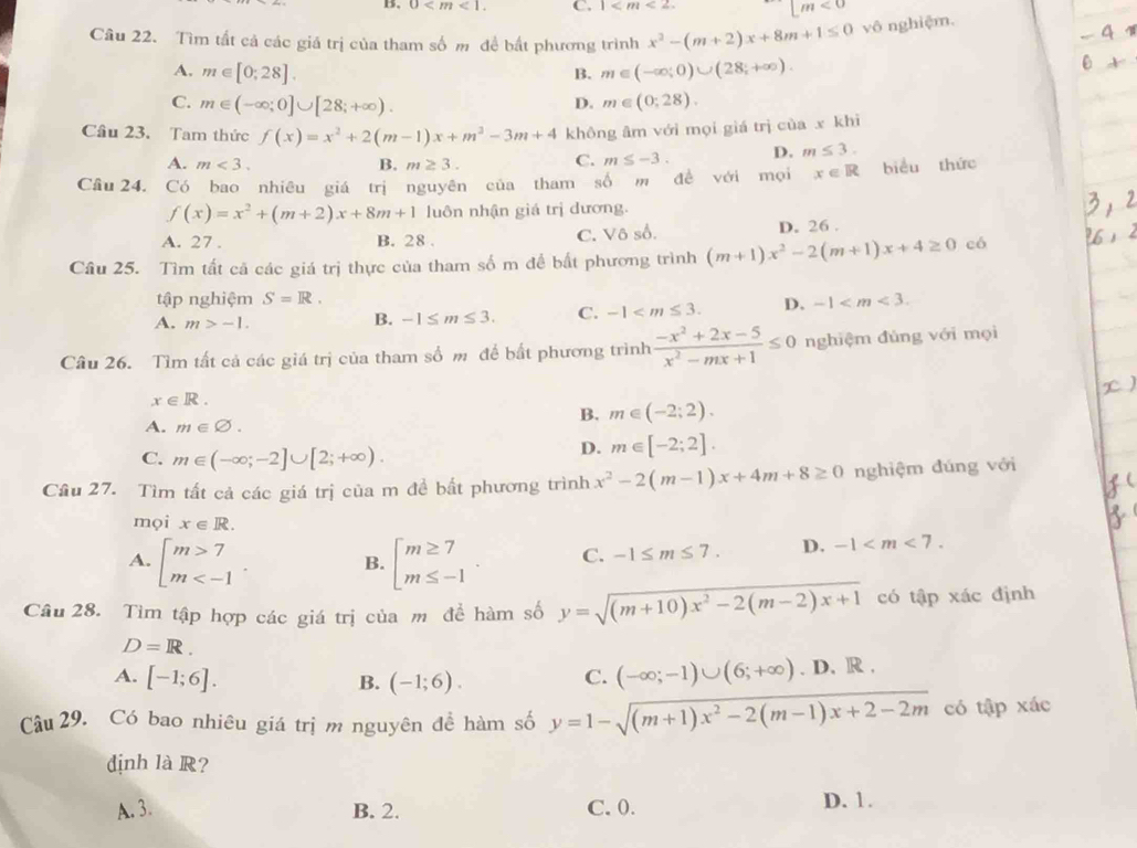 B. 0 C. 1 □ m<0</tex>
Câu 22. Tìm tất cả các giá trị của tham số m đề bất phương trình x^2-(m+2)x+8m+1≤ 0 vô nghiệm.
A, m∈ [0;28]. m∈ (-∈fty ;0)∪ (28;+∈fty ).
B.
C. m∈ (-∈fty ;0]∪ [28;+∈fty ). D. m∈ (0;28).
Câu 23. Tam thức f(x)=x^2+2(m-1)x+m^2-3m+4 không âm với mọi giá trị cùa x khi
A. m<3. B. m≥ 3.
C. m≤ -3. D. m≤ 3.
Câu 24. Có bao nhiêu giá trị nguyên của tham số m đề với mọi x∈ R biểu thức
f(x)=x^2+(m+2)x+8m+1 luôn nhận giá trị dương.
A. 27 . B. 28 . C. Vô số. D. 26 .
Câu 25. Tìm tất cả các giá trị thực của tham số m để bất phương trình (m+1)x^2-2(m+1)x+4≥ 0 có
tập nghiệm S=R. -1
A. m>-1.
B. -1≤ m≤ 3. C. -1 D.
Câu 26. Tìm tất cả các giá trị của tham số m để bắt phương trình  (-x^2+2x-5)/x^2-mx+1 ≤ 0 nghiệm đùng với mọi
x∈ R.
A. m∈ varnothing .
B. m∈ (-2;2).
C. m∈ (-∈fty ;-2]∪ [2;+∈fty ).
D. m∈ [-2;2].
Câu 27. Tìm tất cả các giá trị của m đề bất phương trình x^2-2(m-1)x+4m+8≥ 0 nghiệm dúng với
mọi x∈ R.
A. beginarrayl m>7 m B. beginarrayl m≥ 7 m≤ -1endarray. C. -1≤ m≤ 7. D. -1
Câu 28. Tìm tập hợp các giá trị của m đề hàm số y=sqrt((m+10)x^2-2(m-2)x+1) có tập xác định
D=R.
A. [-1;6]. B. (-1;6).
C. (-∈fty ;-1)∪ (6;+∈fty ). D. R ,
Câu 29. Có bao nhiêu giá trị m nguyên đề hàm số y=1-sqrt((m+1)x^2-2(m-1)x+2-2m) có tập xác
dịnh là R?
A. 3. B. 2. C. 0. D. 1.