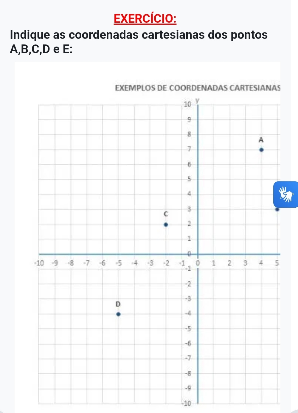 EXERCÍCIO: 
Indique as coordenadas cartesianas dos pontos
A, B, C, D e E :
-10